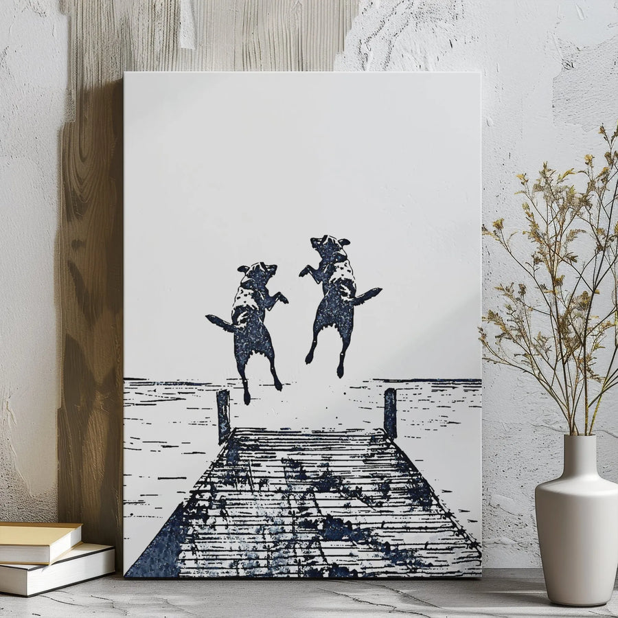 Dog Dock Diving Canvas Wall Art | Minimalist Linocut Print | Premium Gallery Wrap Canvas | Gift for Dog Lovers & Pet Owners