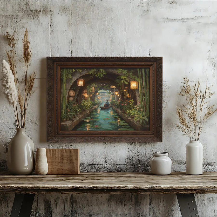 Floating Lantern Canal Canvas Art | Asian Water Garden Painting | Premium Gallery-Quality Print | Zen Living Room Decor Gift