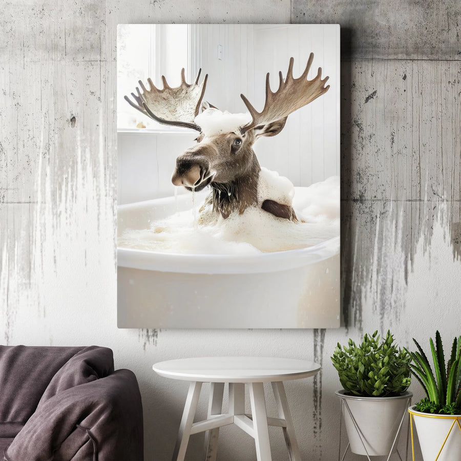 Funny Moose In Bathtub Canvas Wall Art | Whimsical Bathroom Decor Print | Premium 1.25 Inch Gallery Wrap | Unique Animal Lover Gift Idea