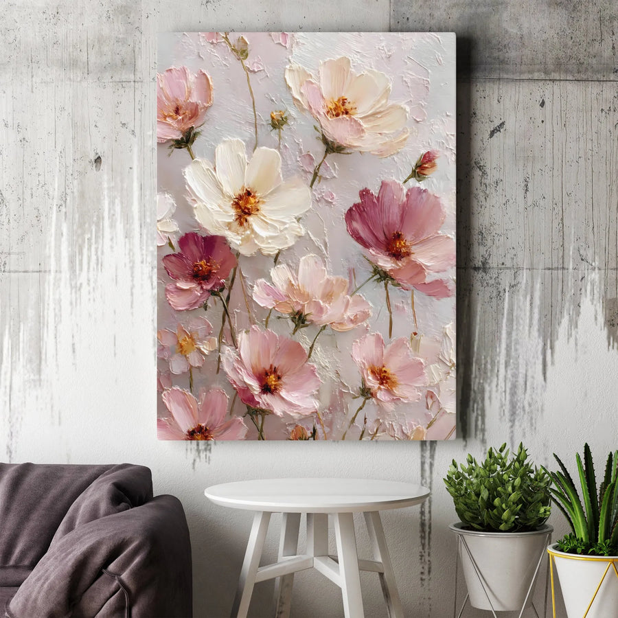 Pink Cosmos Floral Canvas Print | Impasto Oil Painting Style | Premium Fade-Resistant Wall Art | Elegant Home Decor Gift For Her