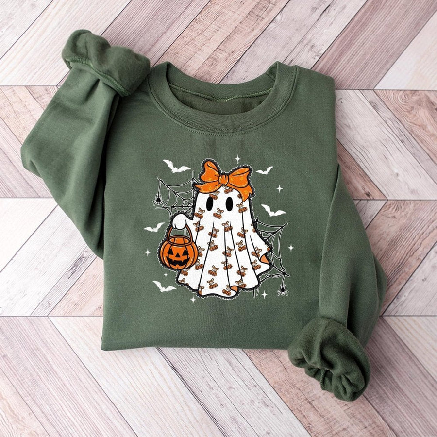 Cute Ghost Sweatshirt | Spooky Halloween Pumpkin Bow Graphic | Cotton Blend Premium Crewneck | Trendy Fall Gift for Her