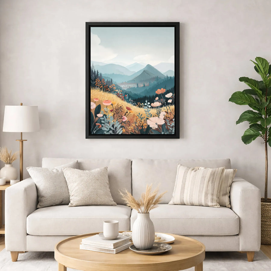 Wildflower Meadow Mountain Landscape Canvas | Boho Nature Valley Print | Premium 1.25-Inch Gallery Wrap | Wall Art Gift for Home Office Decor