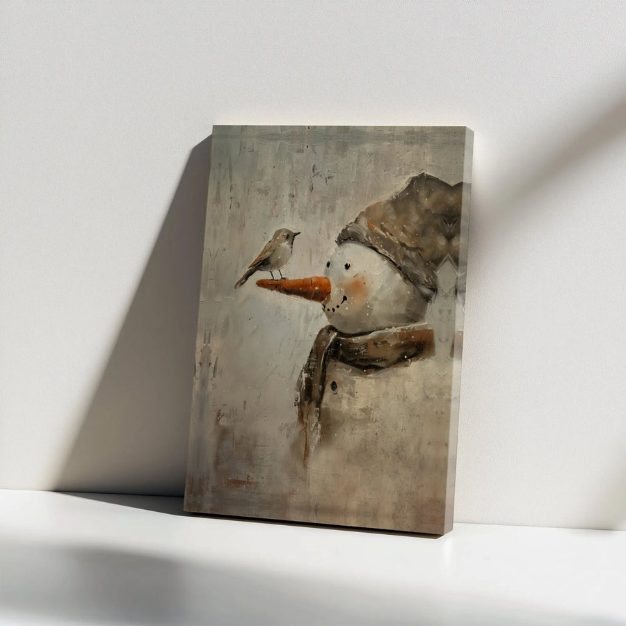 Snowman Canvas Art | Painterly Winter Bird On Carrot Nose | Premium Gallery Wrap Wall Decor | Festive Christmas Home Gift
