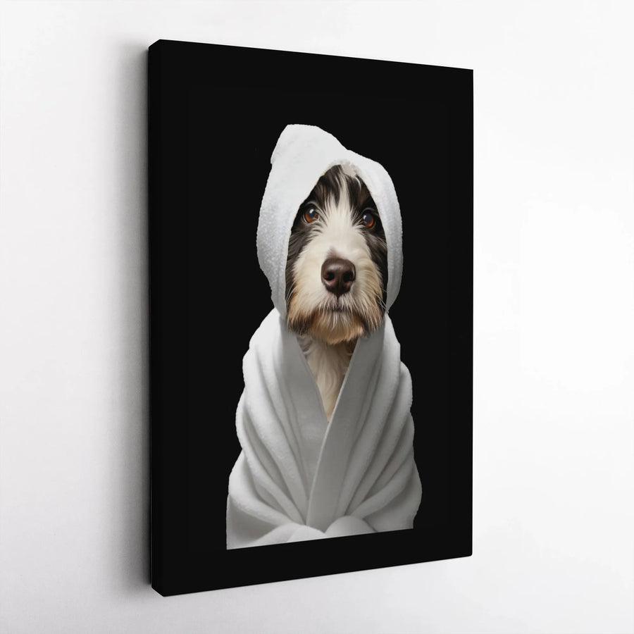Bearded Collie Dog Canvas Art | Funny Bathrobe Portrait | Premium Gallery Wrap | Bathroom Wall Decor Gift for Dog Lovers