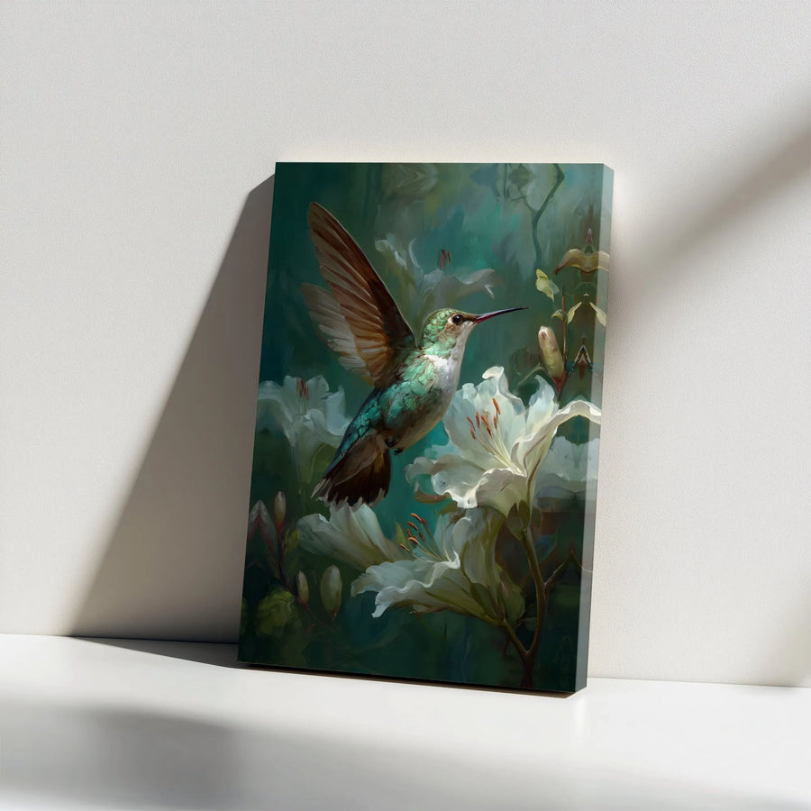 Hummingbird Canvas Wall Art | Moody Botanical Painting of Bird and Lilies | Premium Stretched Canvas | Living Room Decor Gift for Nature Lover
