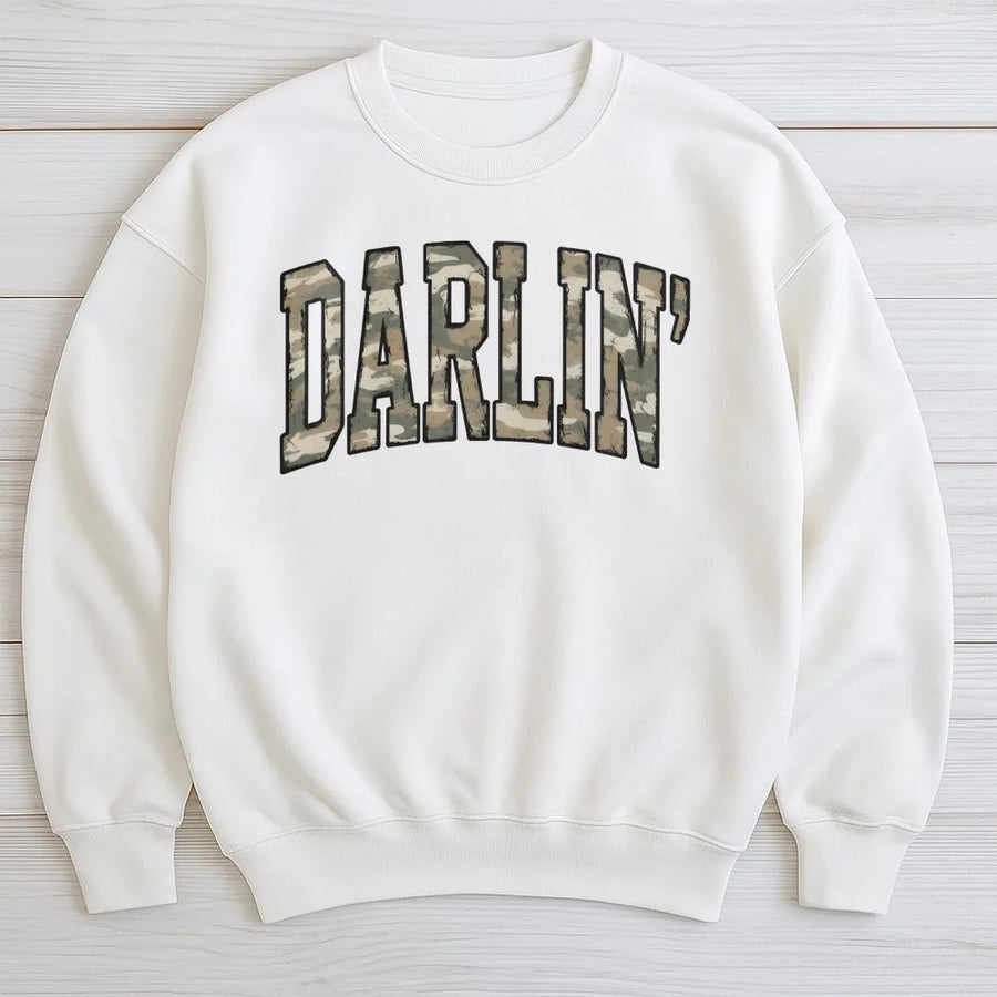 Darlin' Camo Sweatshirt | Varsity Letter Country Western Print | Premium Unisex Crewneck | Cute Southern Gift for Her