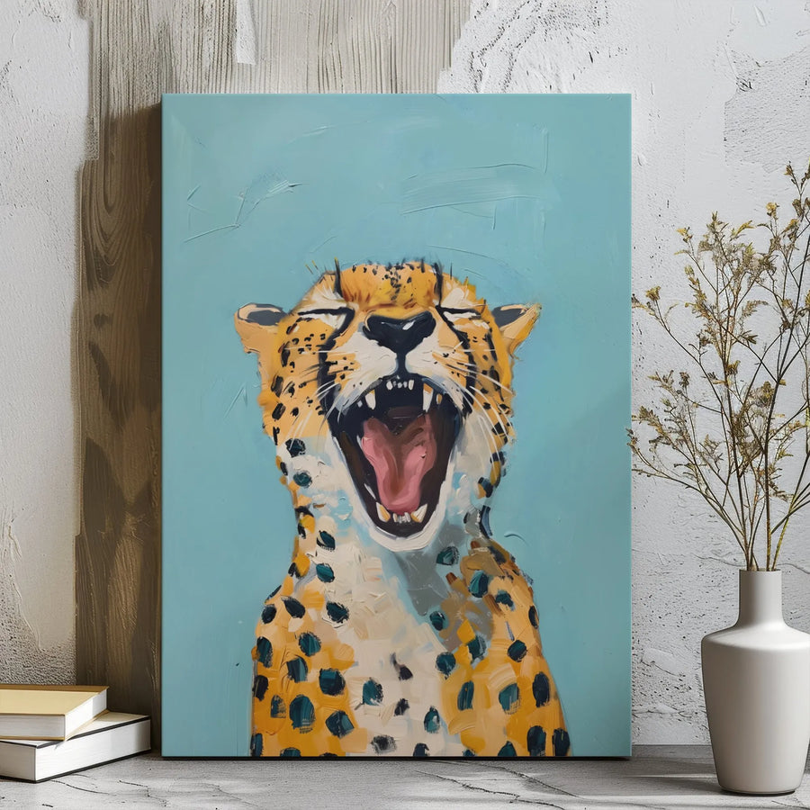 Yawning Cheetah Canvas Wall Art | Whimsical Animal Portrait | 1.25" Gallery Wrap Premium Print | Modern Wildlife Home Decor Gift