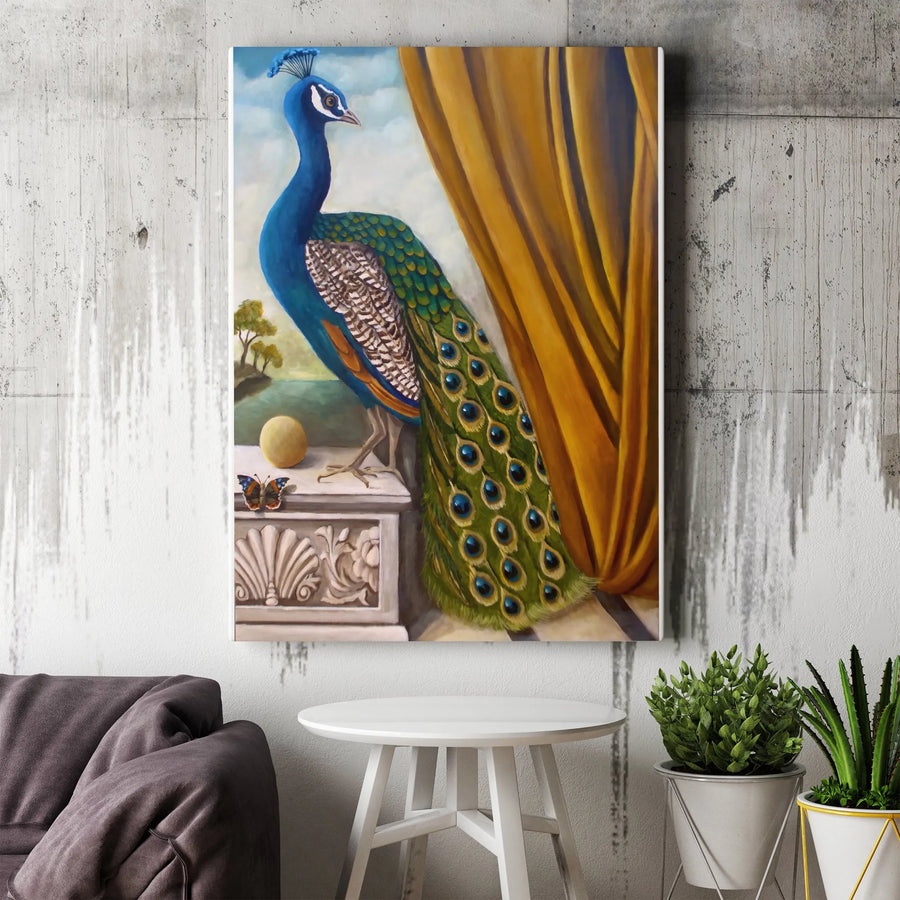 Elegant Peacock Vertical Canvas | Classic Bird Portrait Painting Print | Premium Thick Gallery Wrap Wall Art | Vintage Home & Office Decor Gift