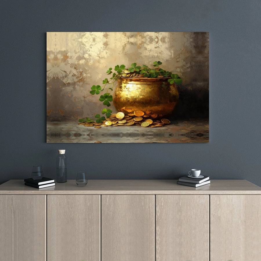 Pot Of Gold Canvas Wall Art | Lucky Shamrock Irish Decor | Premium 1.25-Inch Gallery Wrap | St. Patrick's Day Home Gift For Luck
