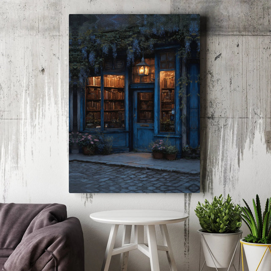 Cozy Bookstore Canvas Print | Nighttime Wisteria Street Art | Gallery Wrap Premium Decor | Literary Gift for Book Lovers & Home Office