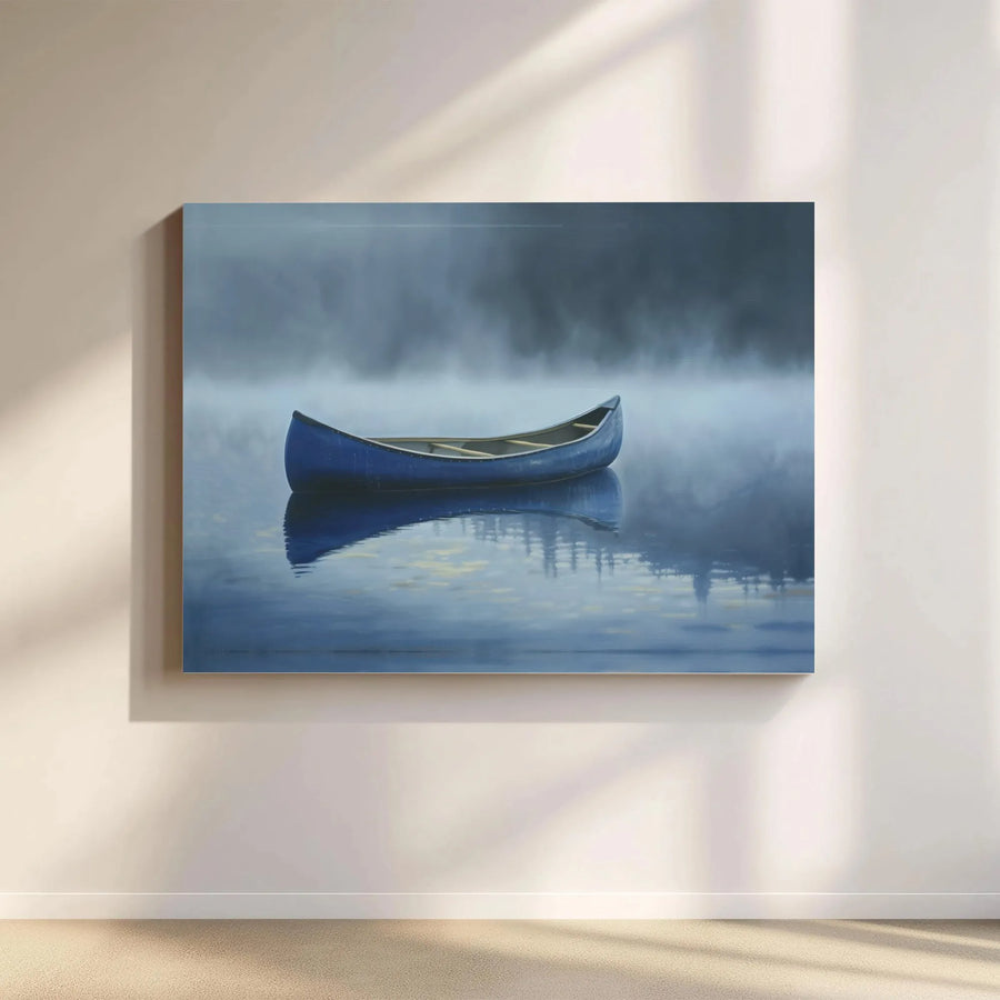 Misty Lake Canoe Canvas Print | Serene Blue Landscape Wall Art | Gallery Wrapped 1.25" Profile | Nature Lover Home Decor Gift