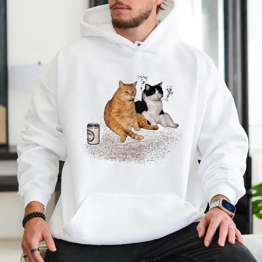 Vintage Smoking Cats Hoodie | Funny Kitten Retro Streetwear Graphic | Premium Cotton Blend | Unisex Funny Cat Lover Gift