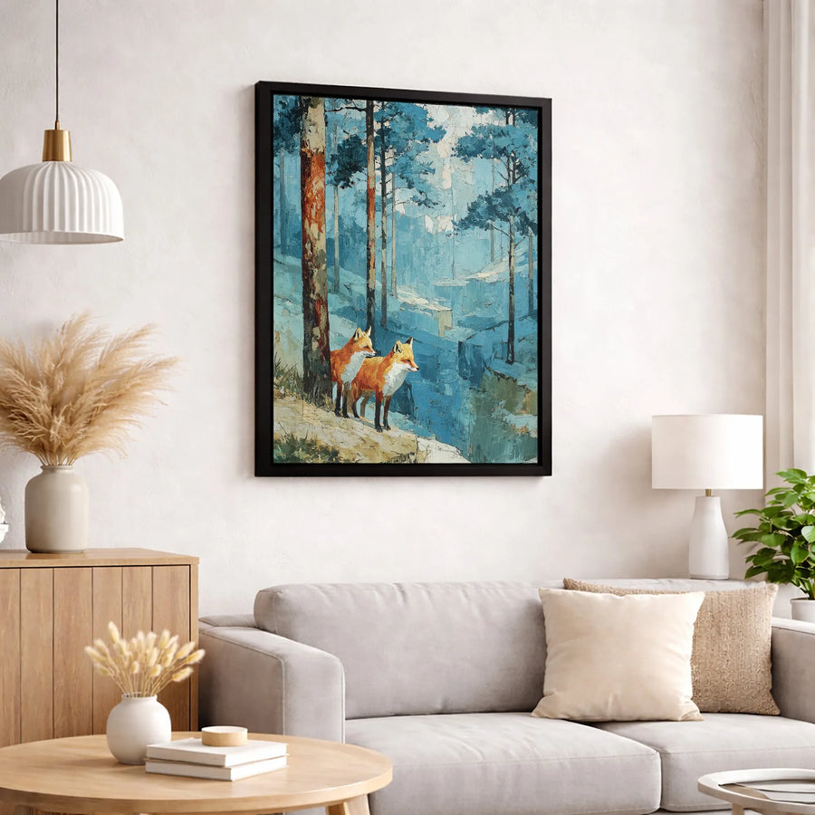 Two Foxes Canvas Art | Impressionistic Blue Pine Forest Wall Decor | Premium Gallery Wrap Print | Wildlife Nature Lover Gift