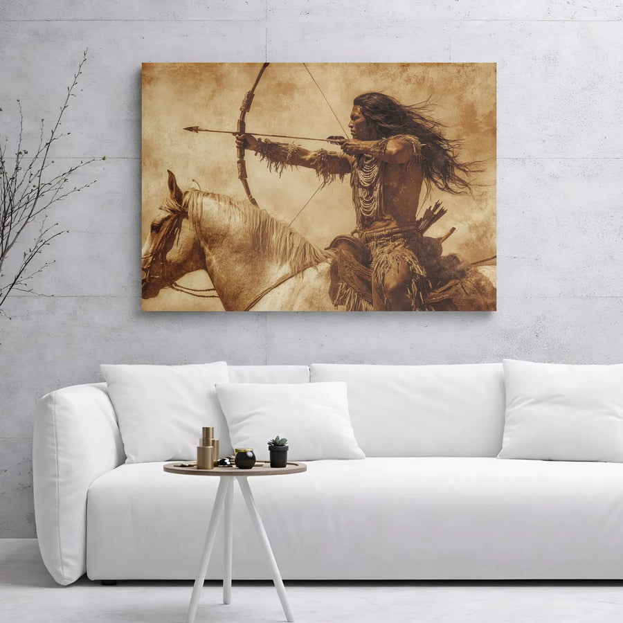 Native American Warrior Wall Art | Sepia Tone Horseback Archer Canvas | Premium 1.25" Gallery Wrap | Western Home Decor Gift