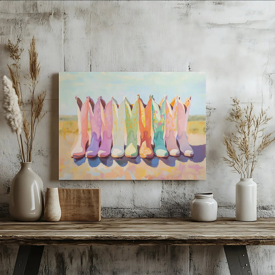 Rainbow Cowboy Boots Canvas Wall Art | Colorful Western Country Decor | Gallery Wrapped Premium Print | Farmhouse Home Office Gift