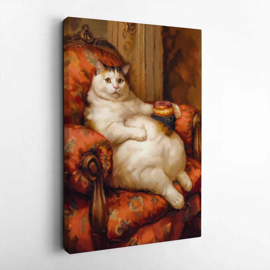 Fat Cat Renaissance Portrait Canvas | Funny Animal Art In Armchair | Premium Gallery Wrap Print | Quirky Home Decor Gift For Cat Lovers
