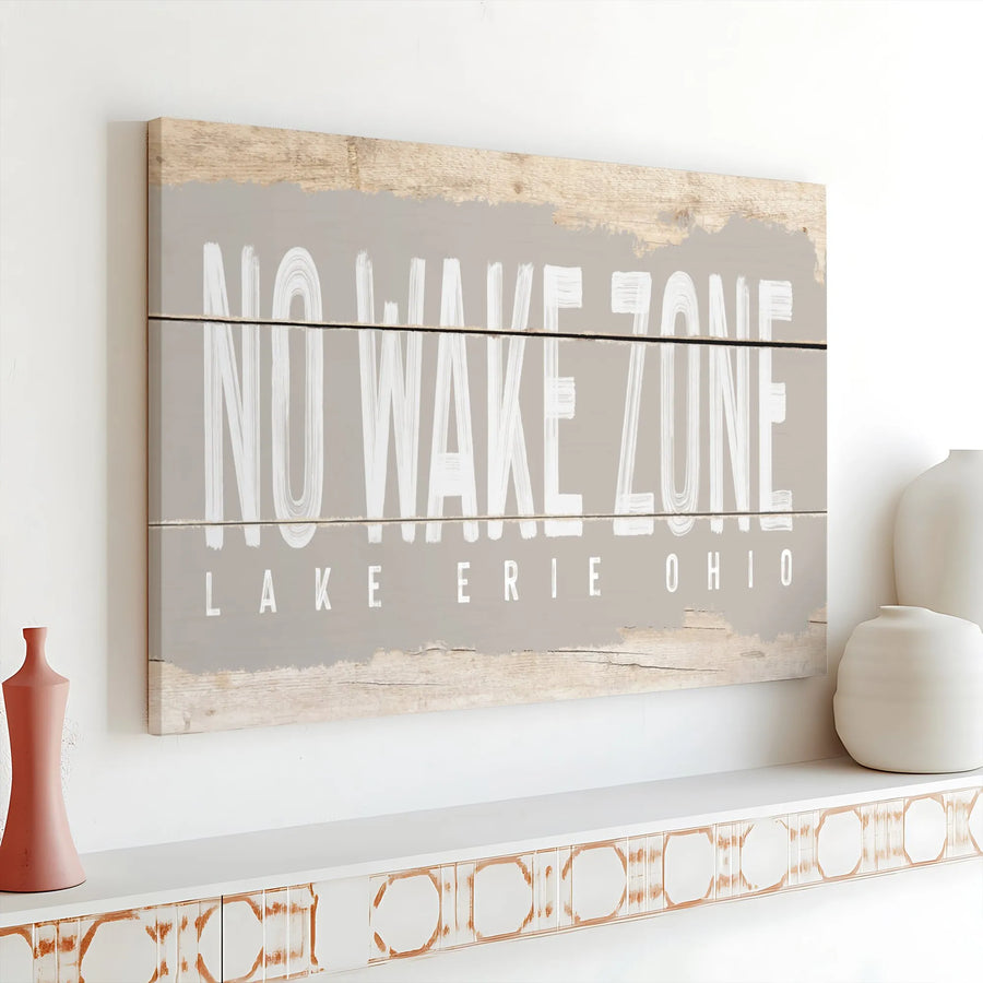 No Wake Zone Canvas Wall Art | Rustic Lake Erie Ohio Wood Look Sign | Premium Stretched Canvas | Lake House Decor Boater Gift