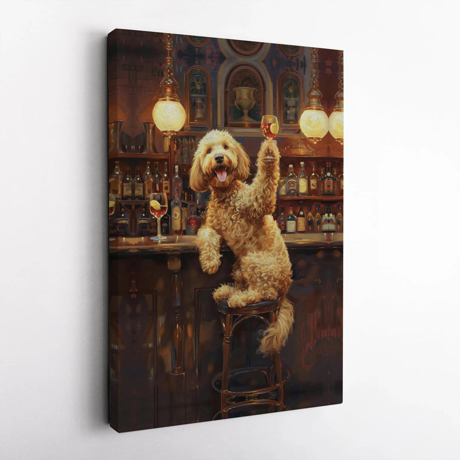 Goldendoodle Dog Canvas Art | Funny Pub Toast Bar Decor | Premium Gallery Wrap Print | Whimsical Pet Lover Gift for Home or Man Cave