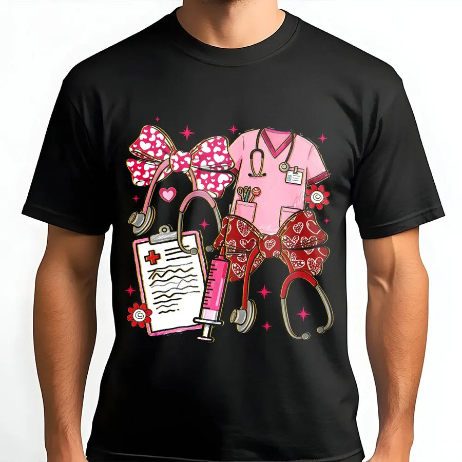 Nurse Valentine T-Shirt | Pink Coquette Medical Stethoscope Design | Premium Soft Cotton Tee | Cute Healthcare Worker Valentine Gift