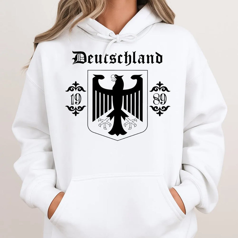 Deutschland Eagle Hoodie | 1989 Berlin Wall History Graphic | Premium Cotton Blend Sweatshirt | German Heritage Gift for Men & Women