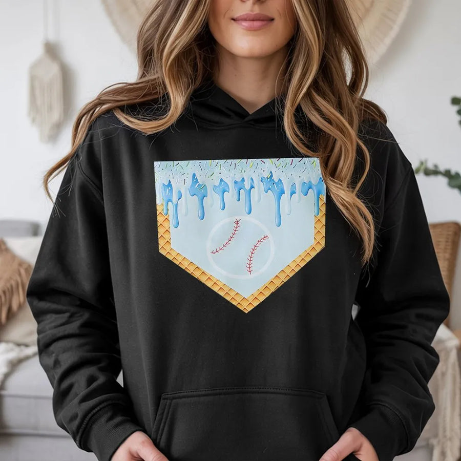 Baseball Ice Cream Hoodie | Melting Home Plate Graphic | Soft Cotton Blend Pullover | Unique Gift for Baseball Players & Fans