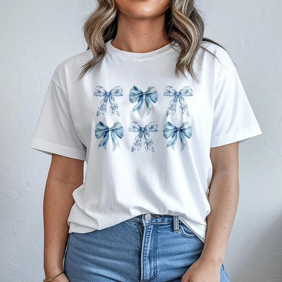 Toile Bow T-Shirt | Blue Ribbon Coquette Aesthetic Graphic Tee | 100% Cotton Premium Comfort | Trendy Gift For Her