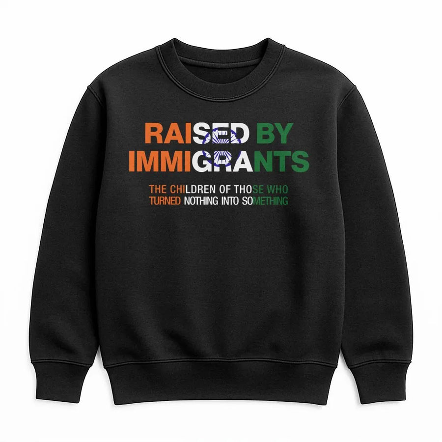 Raised By Immigrants Sweatshirt | Indian Flag Graphic Design | Premium Cotton Blend | Inspirational Heritage Gift For First Generation Americans