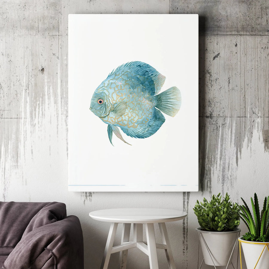 Discus Fish Watercolor Canvas Wall Art | Blue and Gold Tropical Fish Print | Premium Gallery Wrapped 1.25" Profile | Coastal Home Decor Gift