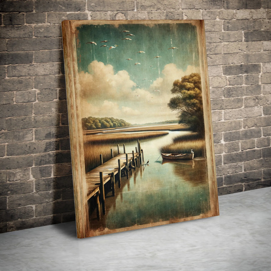 Coastal Marsh Canvas Wall Art | Vintage Lowcountry Pier And Boat Scene | 1.25-Inch Premium Gallery Wrap | Serene Nature Decor For Home Or Office