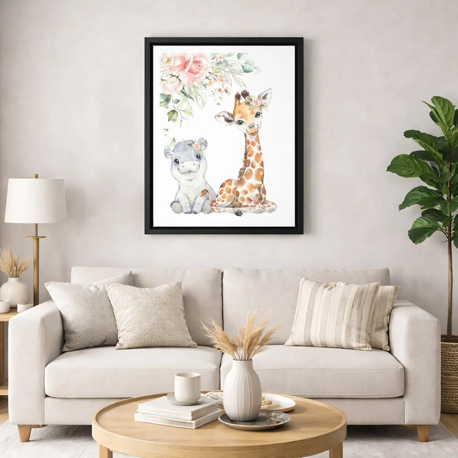 Baby Giraffe and Hippo Wall Art | Watercolor Floral Nursery Decor | Gallery-Wrapped Canvas Print | Cute Safari Animal Gift for Kids