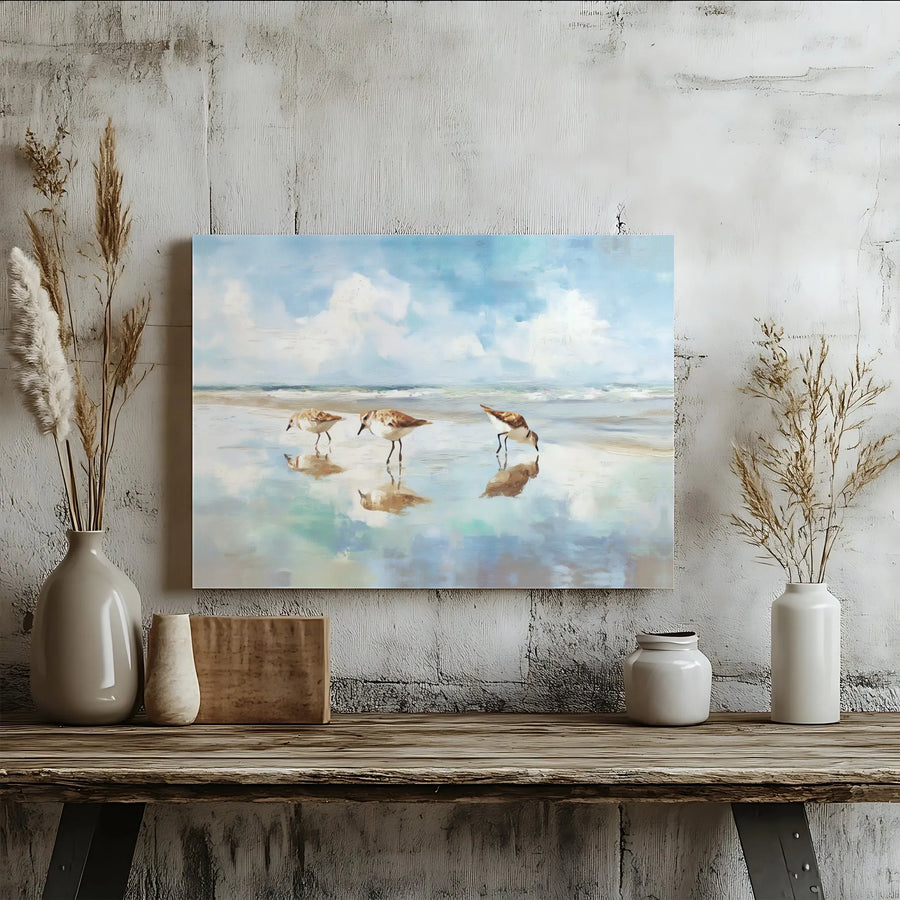 Sandpiper Beach Canvas Wall Art | Serene Coastal Seascape Painting | Premium Gallery Wrapped Print | Nautical Living Room Decor Gift