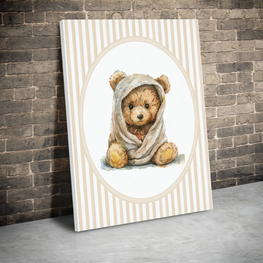 Cute Teddy Bear Canvas Wall Art | Watercolor Animal Portrait with Stripes | Premium Gallery Wrapped Canvas | Nursery Decor Baby Shower Gift