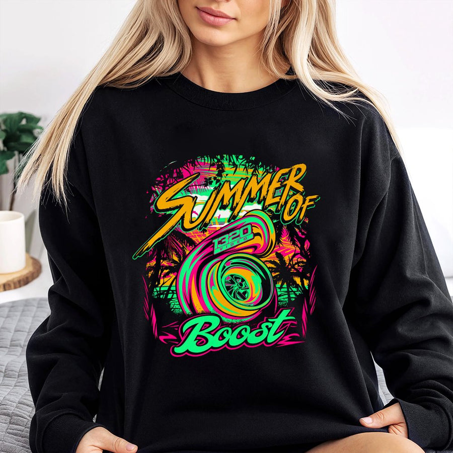 Summer Of Boost Sweatshirt | Neon Turbocharger Car Graphic | Premium Cotton Blend Crewneck | Gift For Car Enthusiast And JDM Racing Fan