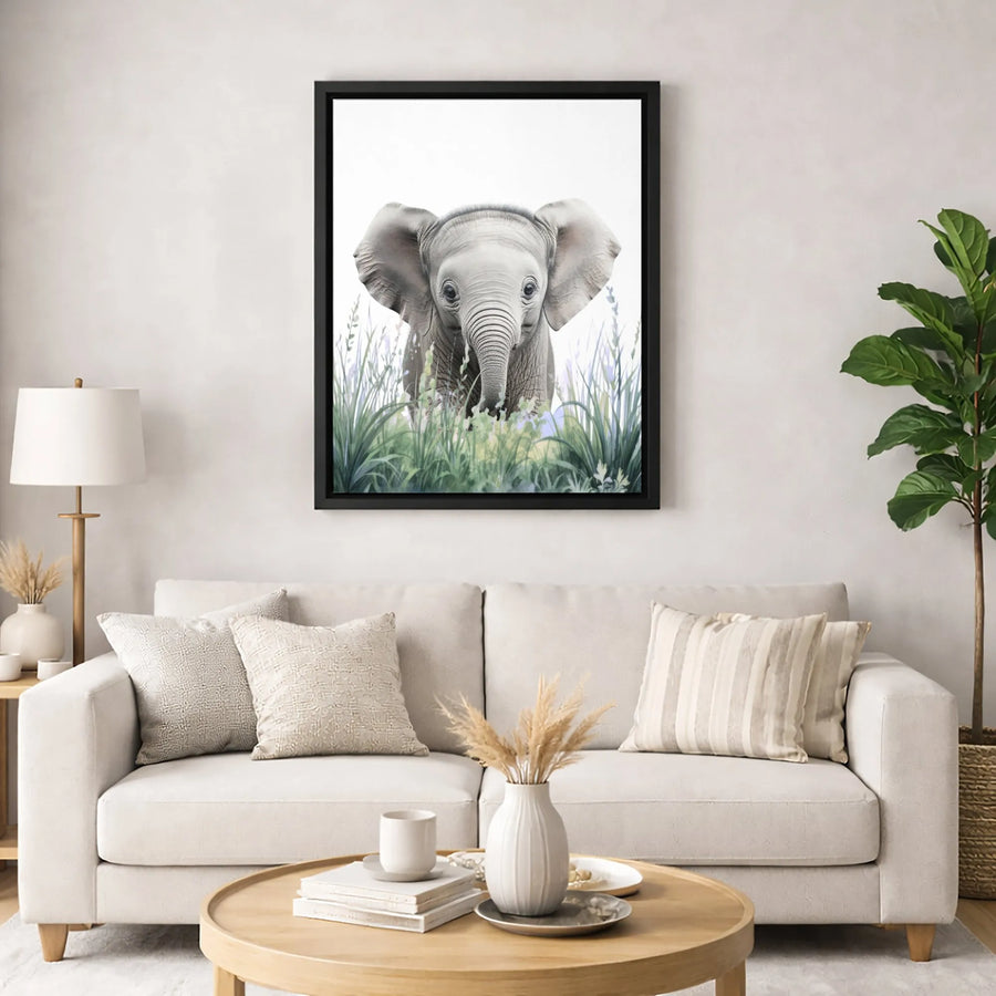 Baby Elephant Canvas Wall Art | Watercolor Wildflower Nursery Decor | 1.25-Inch Gallery Wrap | Premium Animal Print Gift