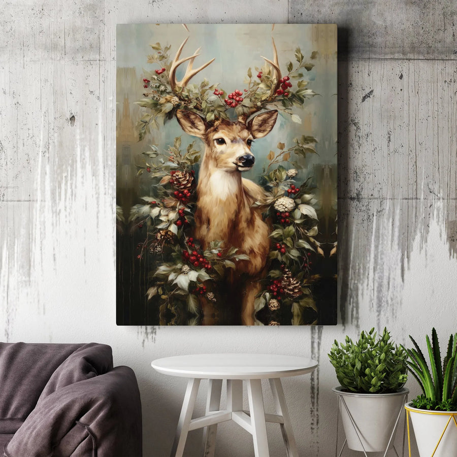 Christmas Deer Canvas Wall Art | Festive Woodland Animal with Berries | Premium 1.25 Inch Gallery Wrap | Holiday Home Decor Gift