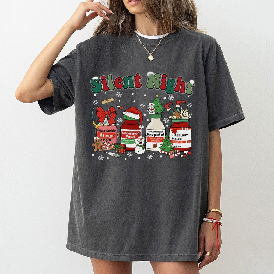 Silent Night Nurse Christmas T-Shirt | Funny ICU Meds Graphic Tee | 100% Cotton Premium Quality | Unique Medical Professional Holiday Gift