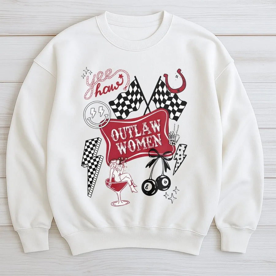 Outlaw Women Western Sweatshirt | Retro Country Racing Graphic | Premium Cotton Blend | Cowgirl Gift For Her