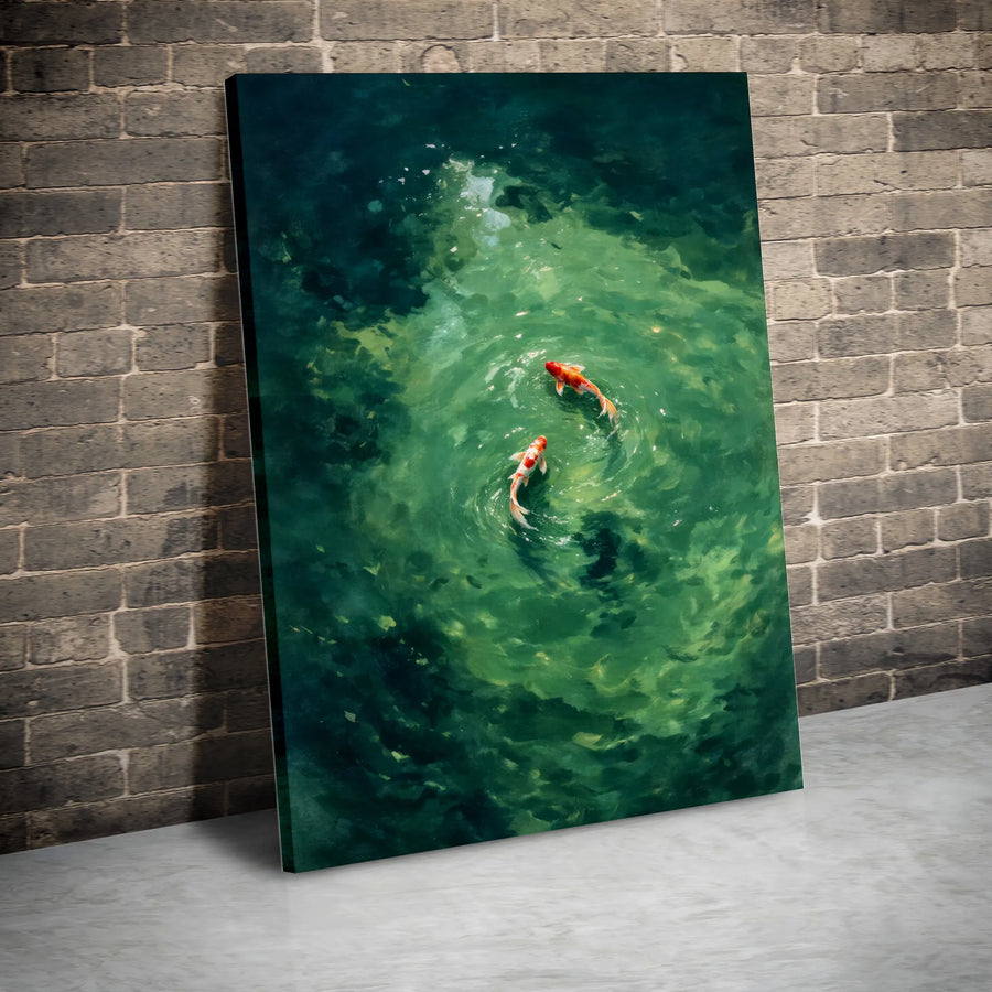 Koi Fish Canvas Wall Art | Two Koi Carp Painting in Emerald Pond | Premium Fade-Resistant Canvas Print | Japanese Zen Decor Gift for Home & Office