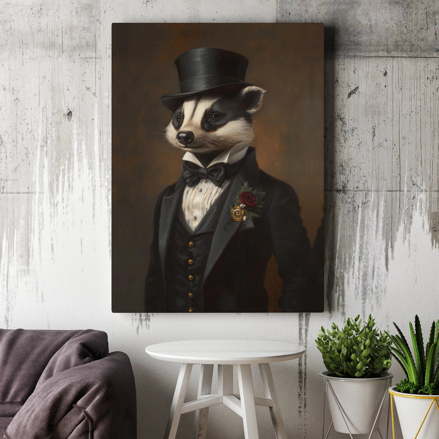 Gentleman Badger Canvas Print | Victorian Animal Portrait in Top Hat and Tuxedo | 1.25-Inch Gallery Wrapped Wall Art | Unique Home Decor Gift
