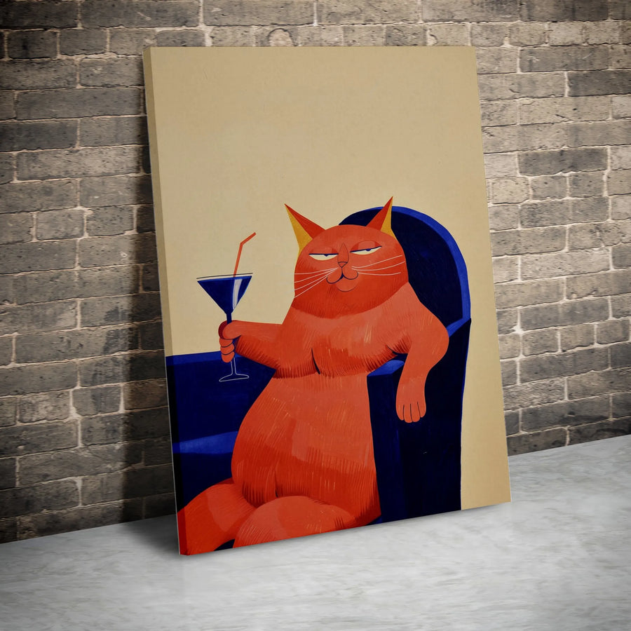 Funny Orange Cat Canvas Print | Smug Cat Drinking Cocktail Wall Art | Premium Gallery Wrapped Decor | Whimsical Gift For Cat Lovers