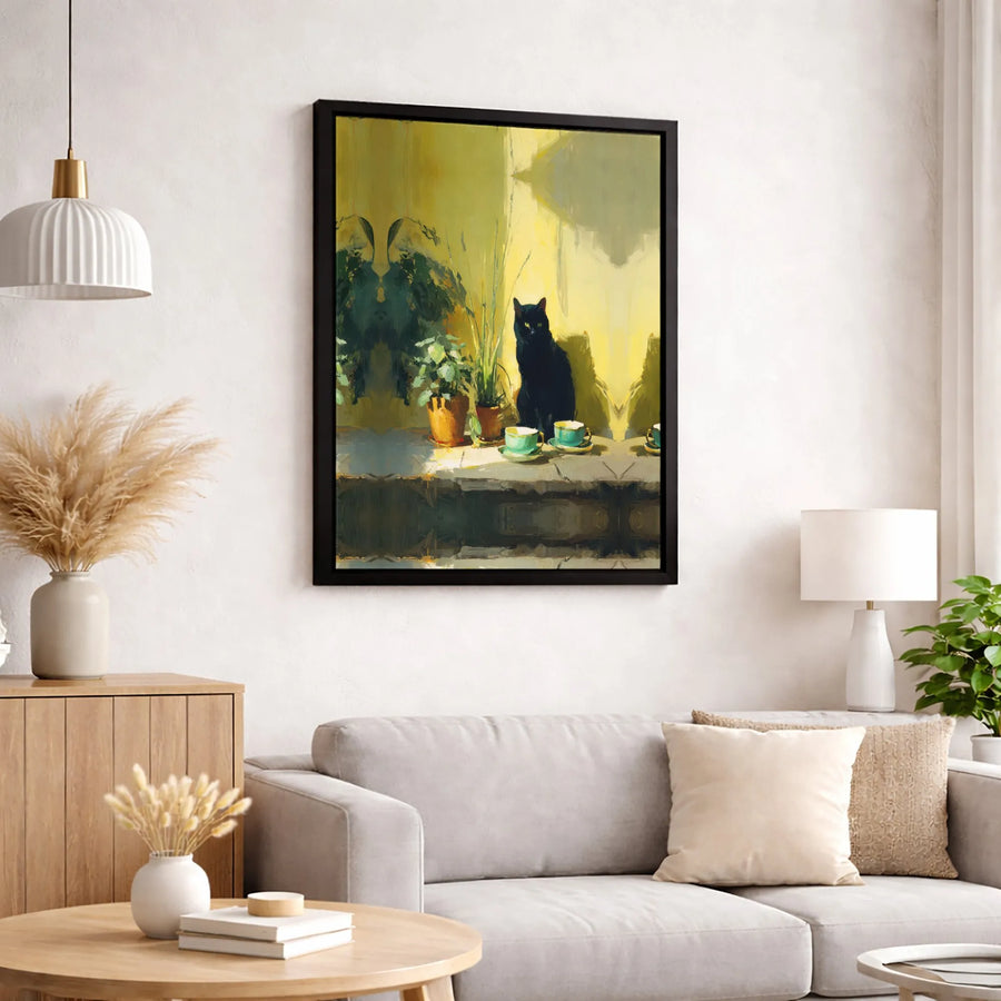 Black Cat Canvas Wall Art | Painterly Sunlit Teacup & Plant Decor | Premium Gallery Wrap 1.25" Profile | Whimsical Animal Lover Gift
