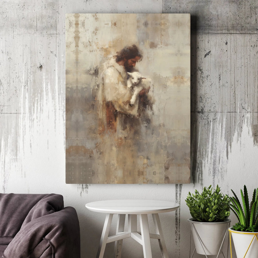 Jesus With Lamb Canvas Wall Art | Abstract Religious Painting | Premium Gallery Wrap | Christian Home Decor Gift