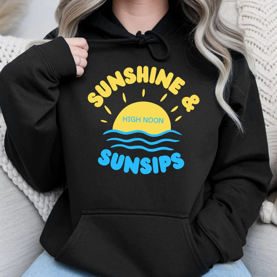 Sunshine and Sunsips Hoodie | Retro Beach Aesthetic Graphic Sweatshirt | Premium Cotton-Blend Comfort | Cute Summer Vacation Gift for Women