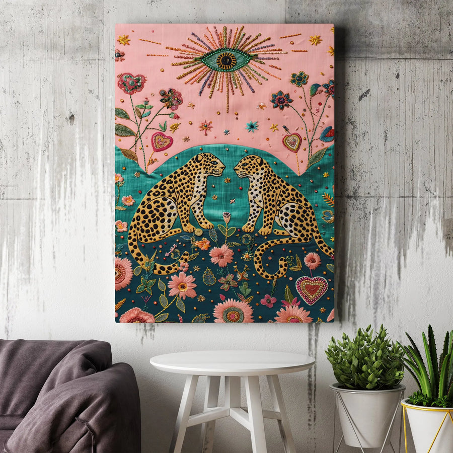 Boho Leopard Canvas Wall Art | Embroidered-Style Evil Eye Print | Premium Gallery Wrapped Canvas | Eclectic Home Decor Gift