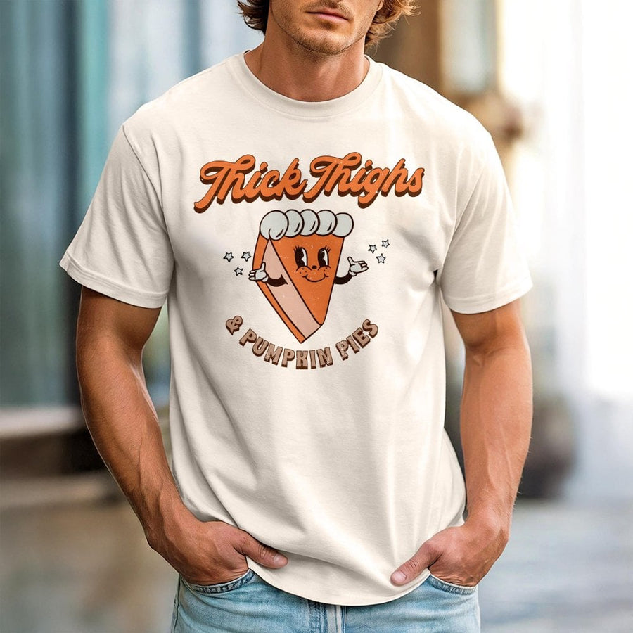 Thick Thighs Pumpkin Pies T-Shirt | Retro Fall Graphic Tee | 100% Cotton Premium Quality | Funny Thanksgiving Gift for Her