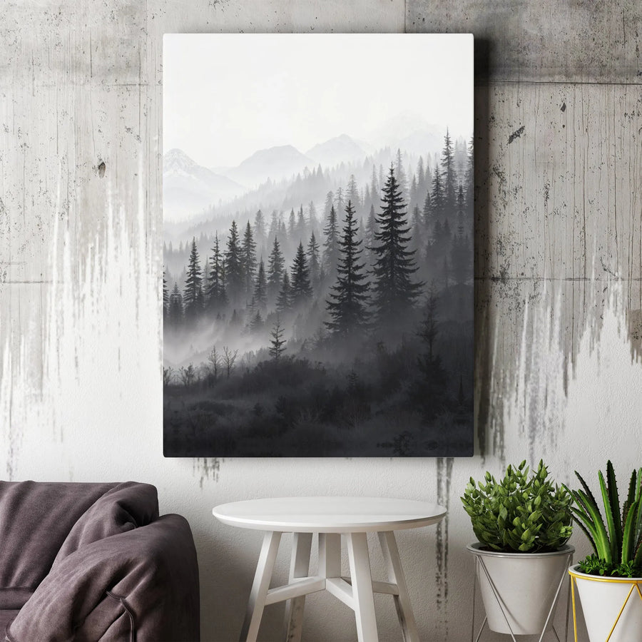 Misty Mountain Forest Canvas Wall Art | Black and White Landscape Print | 1.25 Inch Gallery Quality Depth | Minimalist Modern Home Decor Gift