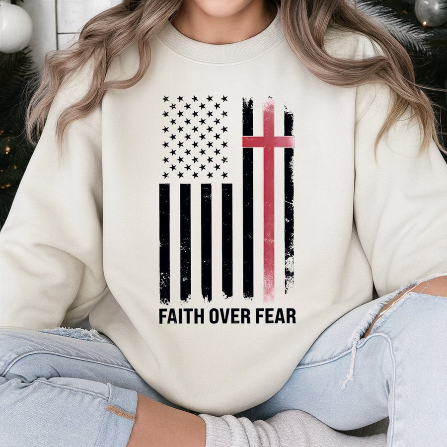 Faith Over Fear American Flag Sweatshirt | Christian Patriotic Cross Graphic | Premium Cotton Blend | Gift for Believers and Patriots