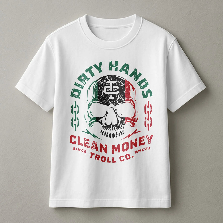 Dirty Hands Clean Money T-Shirt | Distressed Skull Graphic Workwear | Premium 100% Cotton | Gift For Blue Collar Tradesman