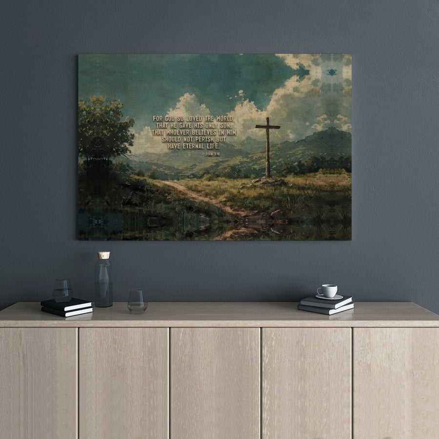 John 3:16 Canvas Print | Religious Cross Landscape Art | Premium Gallery Wrapped Wall Decor | Christian Home Gift For Living Room Bedroom