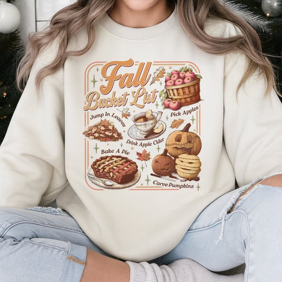 Fall Bucket List Sweatshirt | Cute Autumn Pumpkin Cider Graphic | Premium Cotton Blend Crewneck | Thanksgiving Gift For Her